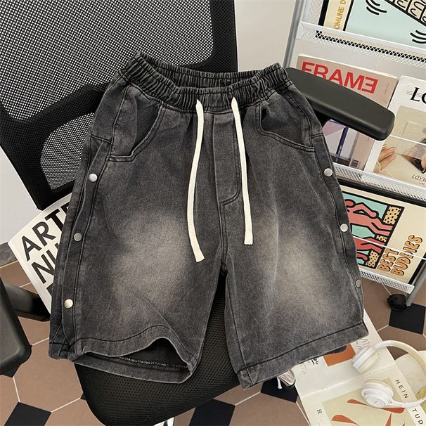 Men's Trendy Button down Denim Shorts High Street Style Loose Fit Summer High Waist American Retro Five Point Pants_mkmklike.com