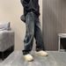 Streetwear Patchwork Cargo Jeans – Vintage Washed Utility Pants With Adjustable Drawstring & Asymmetrical Paneling (Unisex Oversized Fit)_mkmklike.com