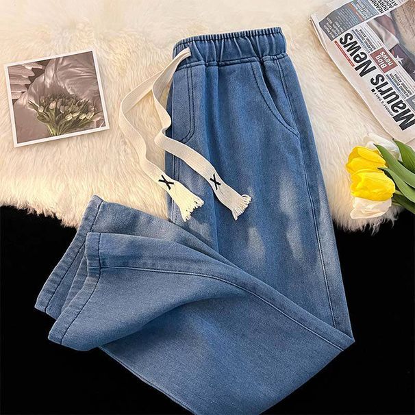 Men's Clothing Elastic Waist Straight Leg Jeans Solid Color Casual Trendy Youth Japanese Style Wash Drawstring For Summer_mkmklike.com