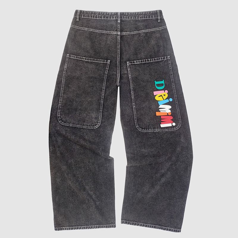 Men's Hip Hop Denim Jeans - Loose Fit Straight Leg Pants With Unique Print For Casual Streetwear (Black, S/M/L/Xl)_mkmklike.com