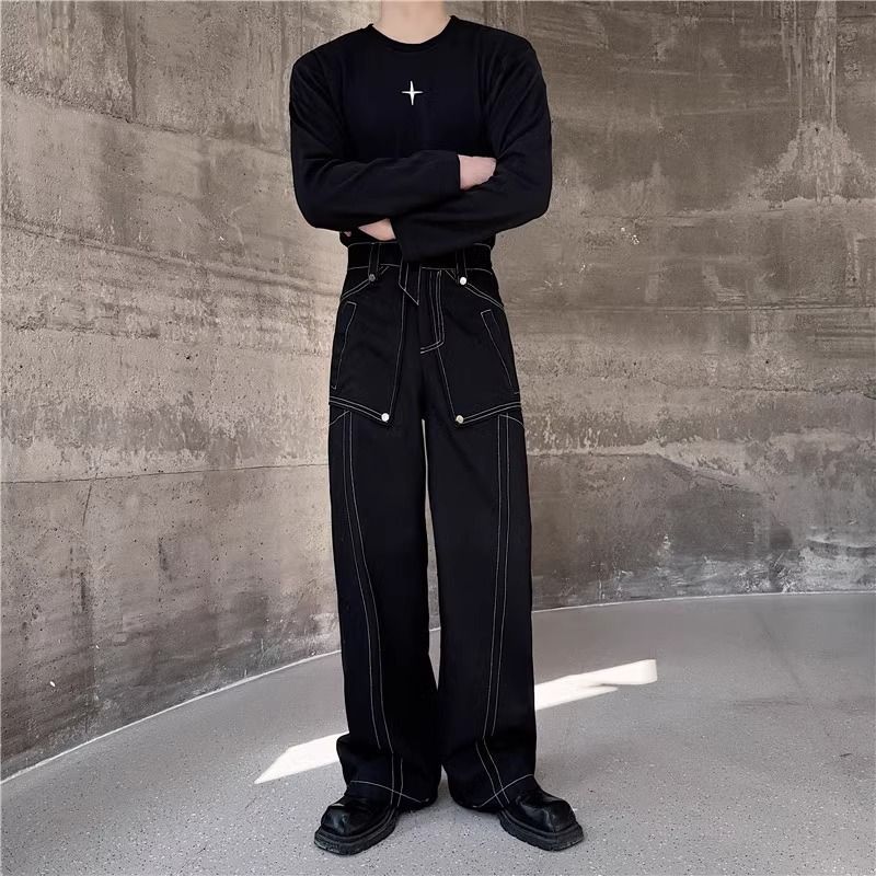Dark Utility Straight-Leg Jeans For Men – Industrial Stitch Detailing & Metal Accents, Mid-Rise Relaxed Fit (S-XXXL), Machine Washable Cotton Blend_mkmklike.com