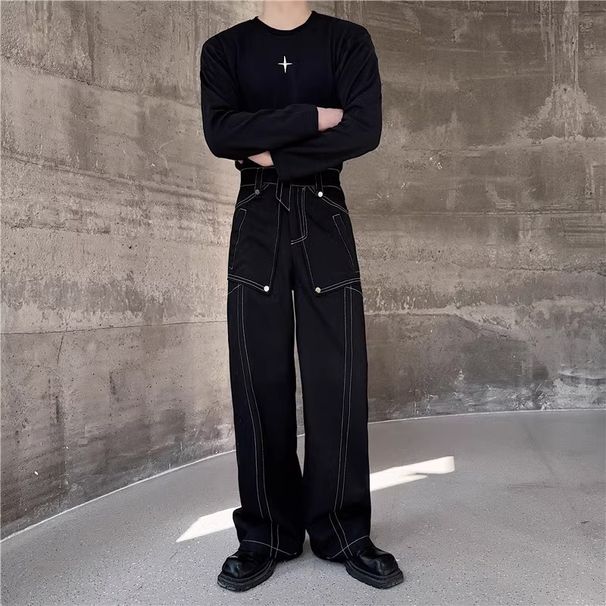 Dark Utility Straight-Leg Jeans For Men – Industrial Stitch Detailing & Metal Accents, Mid-Rise Relaxed Fit (S-XXXL), Machine Washable Cotton Blend_mkmklike.com