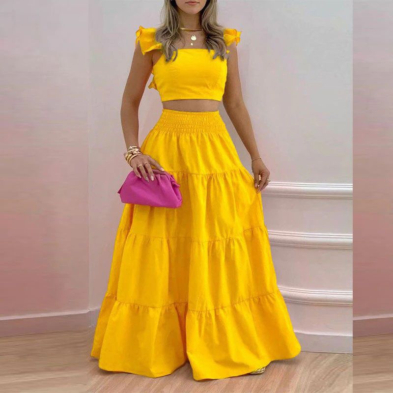 Women's Solid Color Mid-Waist Two Piece Set Sexy Strap Trendy Dress Spring/Summer Casual Ankle-Length Straight Skirt_mkmklike.com