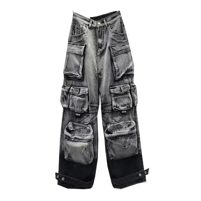 Women's Clothing Workwear Paratrooper Pants Streetwear Parachute Cargo Jeans For Women - High Waist, Flared Leg, Washed Gradient, Blue/Black, S-2XL_mkmklike.com