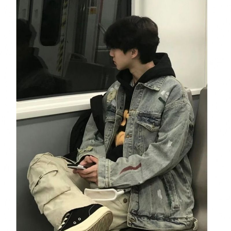 Splashing Ink, Tearing Holes, Making Old Denim Jackets, Men's Button Up Cardigans, Jackets For Teenagers_mkmklike.com