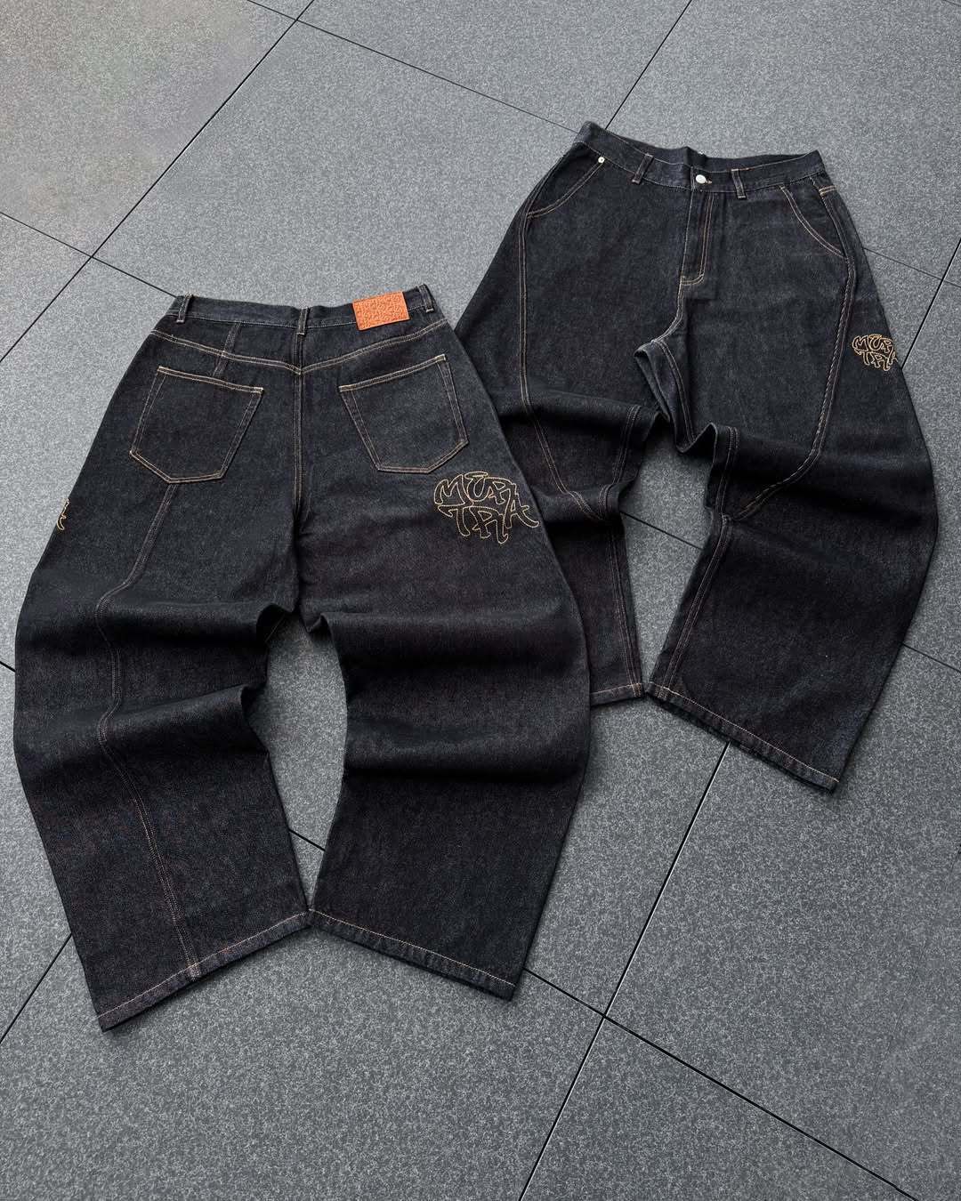 Streetwear Embroidery Jeans - Relaxed Fit Hip Hop Denim Pants With Artistic Stitching, Vintage Straight Leg Trousers For Men & Women_mkmklike.com