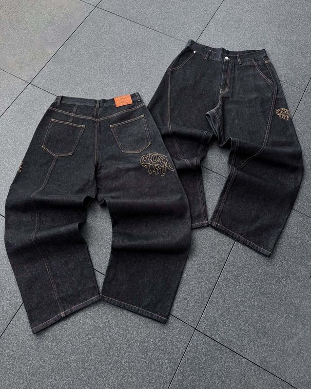 Streetwear Embroidery Jeans - Relaxed Fit Hip Hop Denim Pants With Artistic Stitching, Vintage Straight Leg Trousers For Men & Women_mkmklike.com