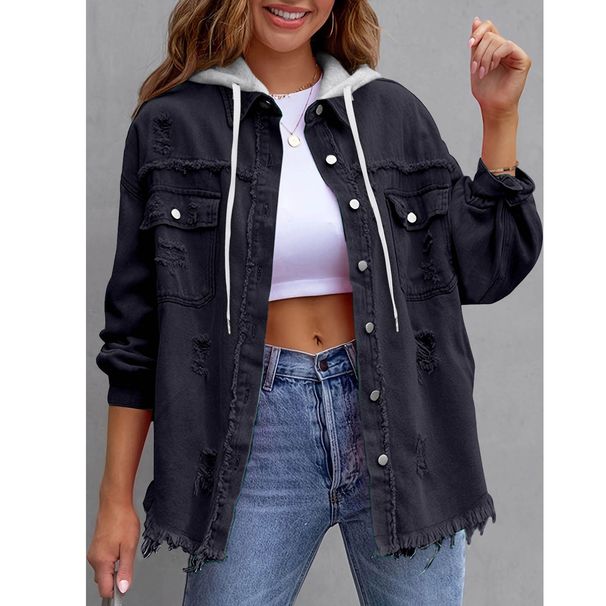 K New Denim Hooded Jacket For Women, Solid Color Loose Jacket, Perforated Long Sleeved Women's Denim Shirt_mkmklike.com