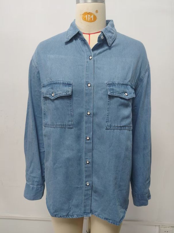K New Slim Denim Long Sleeved Shirt For Women_mkmklike.com