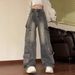Retro Small Many Pockets Cargo Jeans Women's High Street Design Sense Loose Wide-leg Floor-length Pants Trend_mkmklike.com