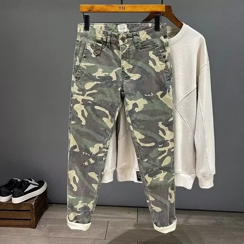 Men's Slim Fit Straight Leg Camouflage Work Jeans High Waist Casual Motorcycle Trousers Trendy Patchwork for Spring Autumn_mkmklike.com