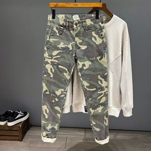 Men's Slim Fit Straight Leg Camouflage Work Jeans High Waist Casual Motorcycle Trousers Trendy Patchwork for Spring Autumn_mkmklike.com