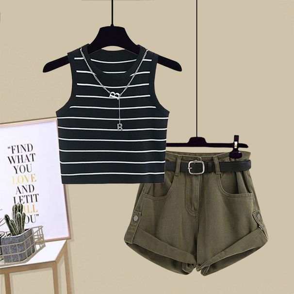 Women's Clothing New Summer Outfit A Complete Set Of Solid Color Vest Suspenders With Casual Slim Denim Shorts Two Piece Set_mkmklike.com