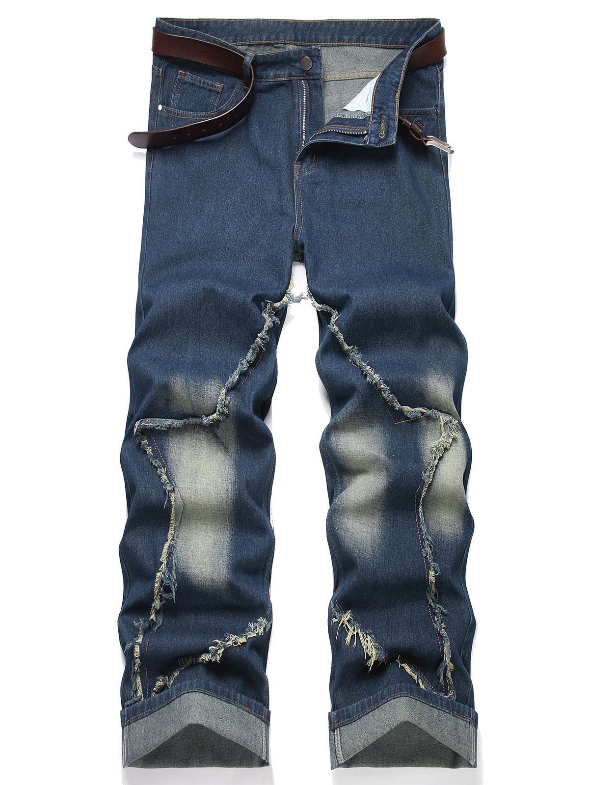 Men's Loose Fitting Wide Leg Pants Retro Design Spring Autumn Frayed Hem Floor Length Straight Trendy Brand_mkmklike.com