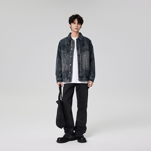 2024 In Stock Autumn New High Street Retro Heavy Structure Washed Men's Denim Jacket Loose Casual Top Trendy_mkmklike.com