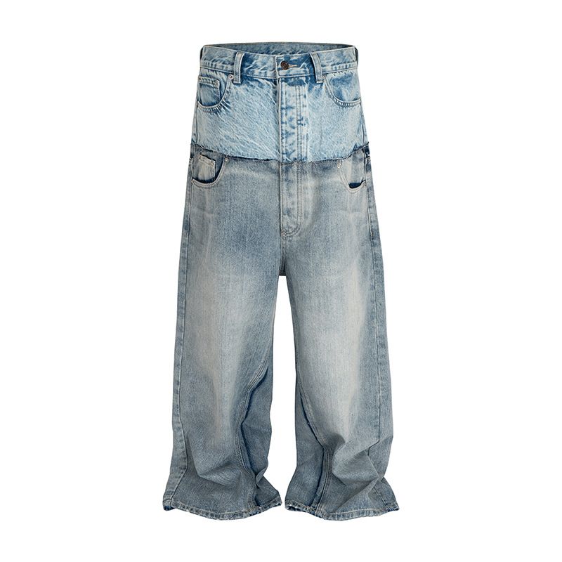 Men's Clothing High Street Design Double Layer Stitching Baggy Jeans Loose Wide Leg Straight Denim Trousers Men_mkmklike.com