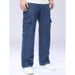 Dark Blue Non-Stretch Workwear Washed Denim Trousers Casual Loose Fit Wide Legs Multi Pocket Design Men's Clothing_mkmklike.com