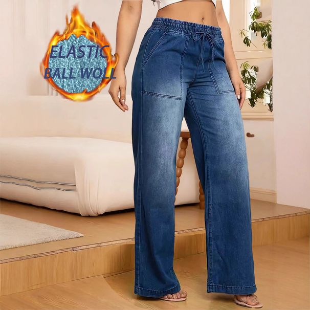 Women's Clothing Stretch Denim Pants With Drawstring Waist – Mid-Rise, Straight Leg, Fleece-Lined & Comfort Fit – Dark Blue (S-XXL)_mkmklike.com
