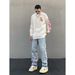 Men's Pink Embroidered Washed Jeans - Loose Straight Fit, Trendy Casual Wear For Everyday Comfort_mkmklike.com
