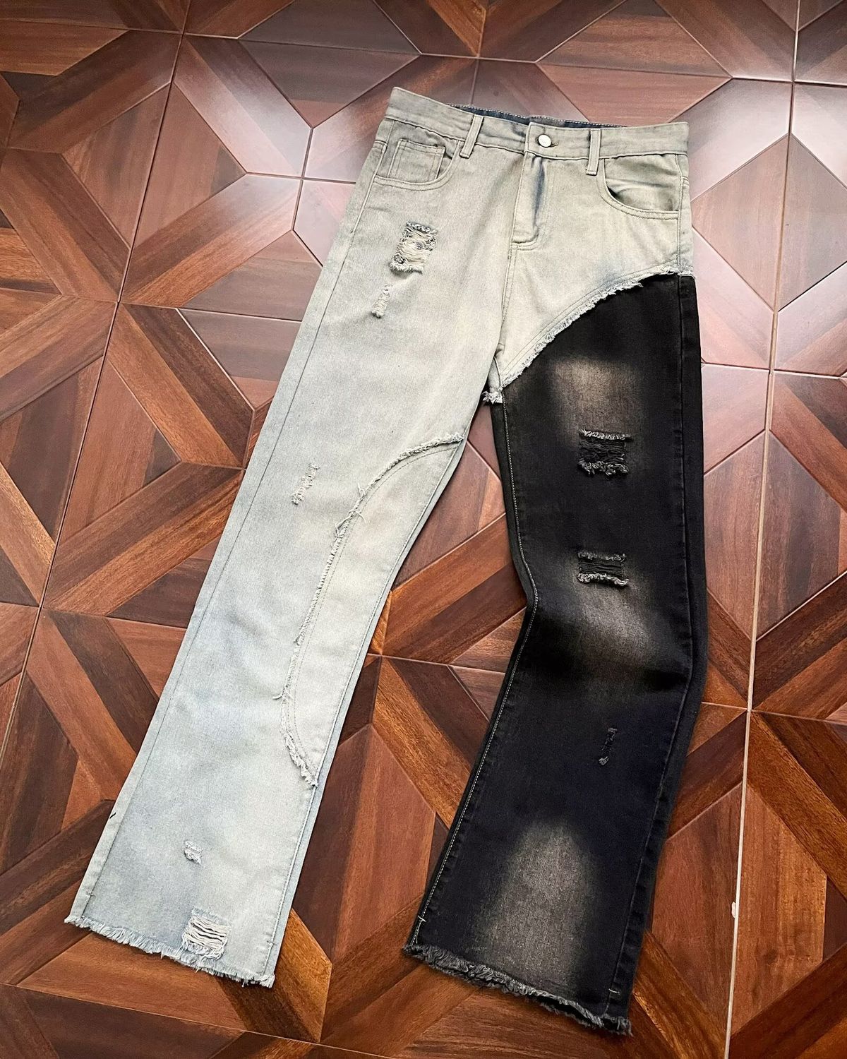 Men's Slim Fit Flared Jeans European American Style Vibe Retro Patchwork Ripped Two Tone Mismatched High Street Style_mkmklike.com