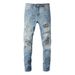 Trendy Brand Ripped Patch Men's Jeans Men's American High Street Small Straight Elastic Slim Fit Retro Men's Pants 6665_mkmklike.com