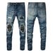 Hair American Retro Jeans Men's Trend Pu Leather Ripped Patch Slim Men's Pants Fashion Trousers_mkmklike.com