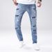 Men's Slim Fit Stretch Jeans - Classic Blue Washed Denim Pants With Tapered Leg For Casual Streetwear_mkmklike.com