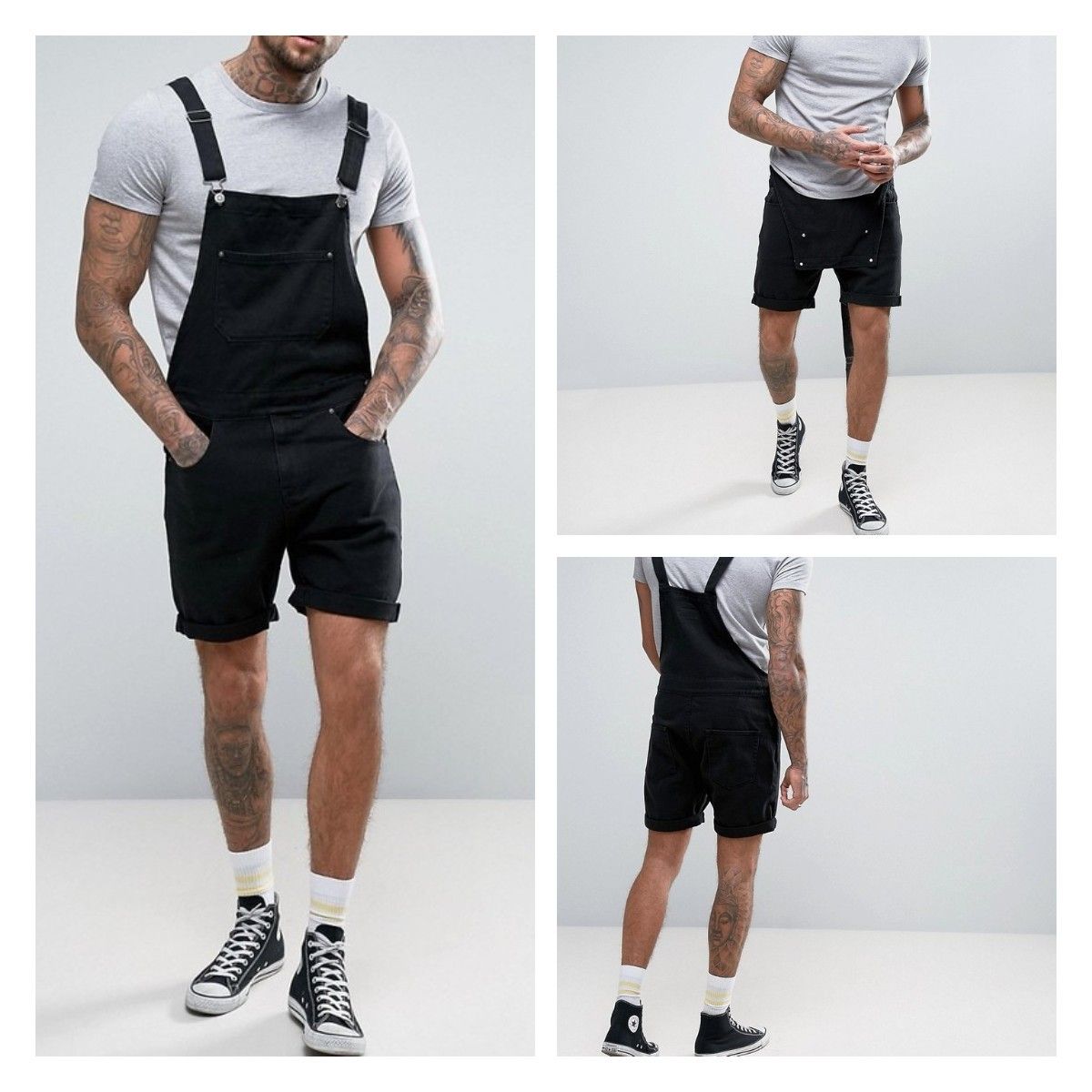 Men's Clothing Denim White Black Rim Shorts Jumpsuit Overalls_mkmklike.com