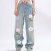 American Style Vibe Flared Floral Embroidered Jeans Trendy Brand Light Blue Street Cleanfit Unisex Floor-Length Pants_mkmklike.com