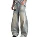 Vintage Washed Distressed Denim Jeans Unisex High Waisted Loose Fit Wide Leg Streetwear Pants With Button Fly & Deconstructed Hem_mkmklike.com