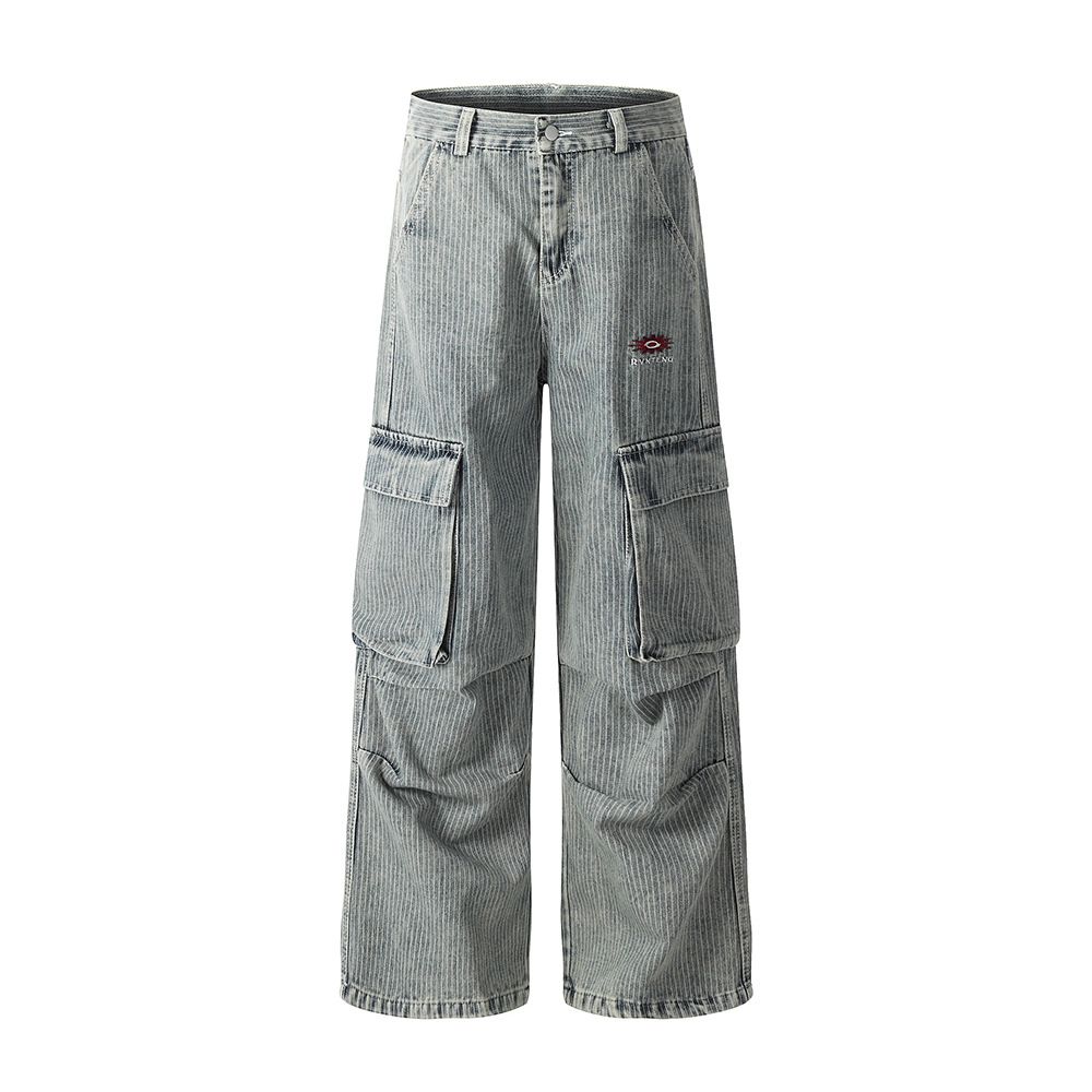 Heavy-duty Washed Vintage Workwear Denim Men's Punk Pleated Design Pocket Vertical Stripes Wide-leg Straight Pants_mkmklike.com