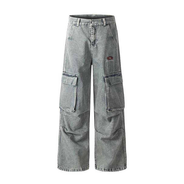 Heavy-duty Washed Vintage Workwear Denim Men's Punk Pleated Design Pocket Vertical Stripes Wide-leg Straight Pants_mkmklike.com
