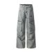 Heavy-duty Washed Vintage Workwear Denim Men's Punk Pleated Design Pocket Vertical Stripes Wide-leg Straight Pants_mkmklike.com