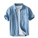 Summer Men's Solid Color Cotton Denim Casual Short Sleeved Shirt_mkmklike.com