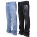 Men's Stretch Denim Jeans – Straight Leg Vintage Washed Pants With Hand-Painted Details, Trendy Streetwear Essential (Black/Blue)_mkmklike.com