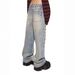 Edgy Streetwear Women's Distressed Print Jeans With Studs – High Waist Straight Leg Denim Pants For Casual & Party Wear_mkmklike.com