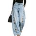 Women's Loose Fit Denim Jeans With Metal Grommet Details - Vintage Washed Blue & Black High-Rise Wide Leg Trousers For Casual Style_mkmklike.com
