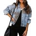 Women's Distressed Leopard Print Denim Jacket Button Down Washed Long Sleeve Ripped Cheetah Design_mkmklike.com