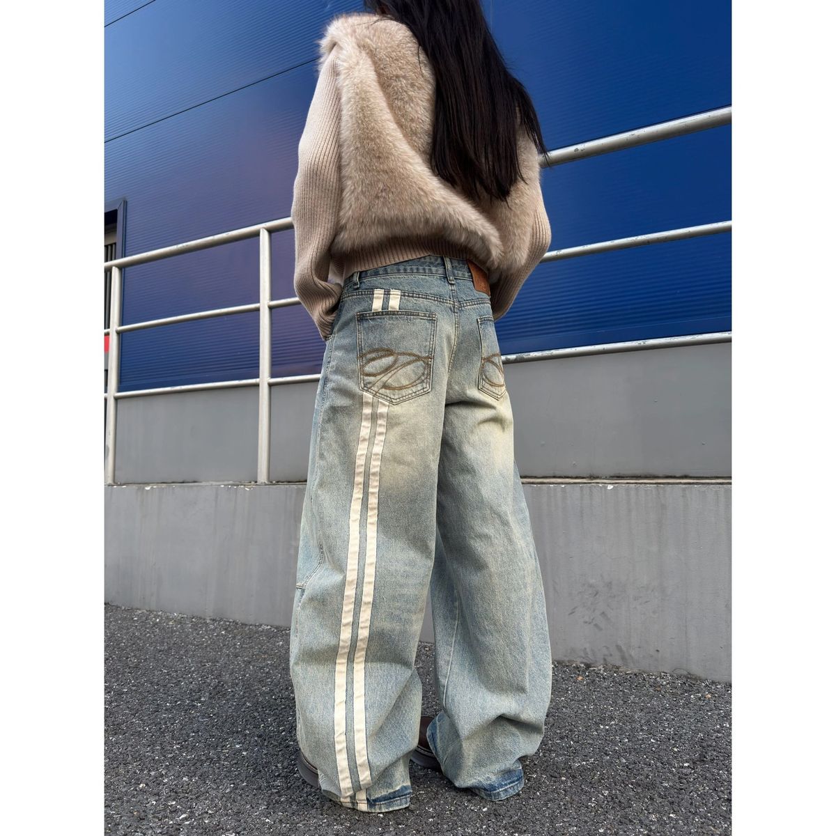 Retro Washed Distressed Jeans Wide Leg Floor Length Patchwork Webbing Curved Blade Design Men's And Women's Denim Pants_mkmklike.com