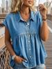 Women's Cap Sleeve Denim Blouse, Casual Loose Pleated Babydoll Shirt, Button Down Collared Peplum Top For Daily Streetwear Summer Everyday Wear, Soft_mkmklike.com