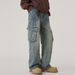Men's Straight Leg Cargo Jeans Loose Fit Wide Leg Pocket American High Street Style Trendy Cool Washed Retro Patchwork Denim_mkmklike.com