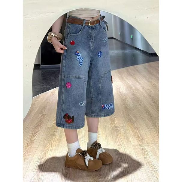 Women's Clothing Women's High-Waisted Cropped Jeans Retro Cartoon Embroidery 7/8 Length Straight Wide Leg Paulownia Style Shorts Summer Fashion_mkmklike.com
