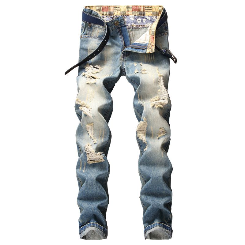 Men's Clothing Fashionable Ripped Men's Slim Fit Straight Leg Trousers_mkmklike.com