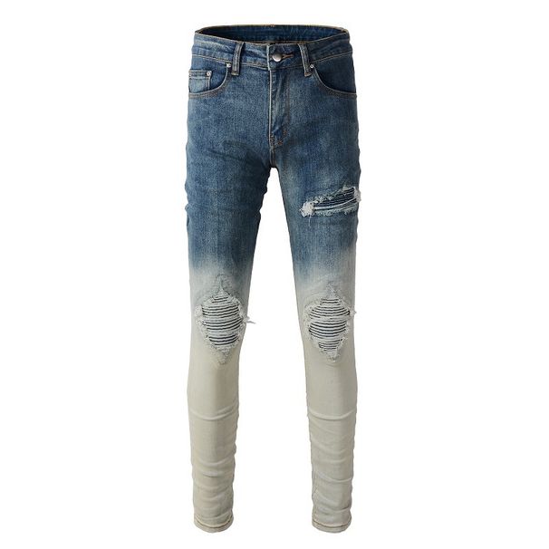 Men's Clothing Retro Gradient Color Men's Jeans Men's Ripped Patch Slim Stretch Boys Pants_mkmklike.com