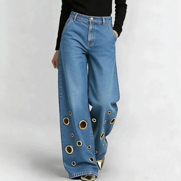 High Waisted Loose Fitting Women's Trousers Street Style European American Design Hollowed out Metallic Eyelet_mkmklike.com