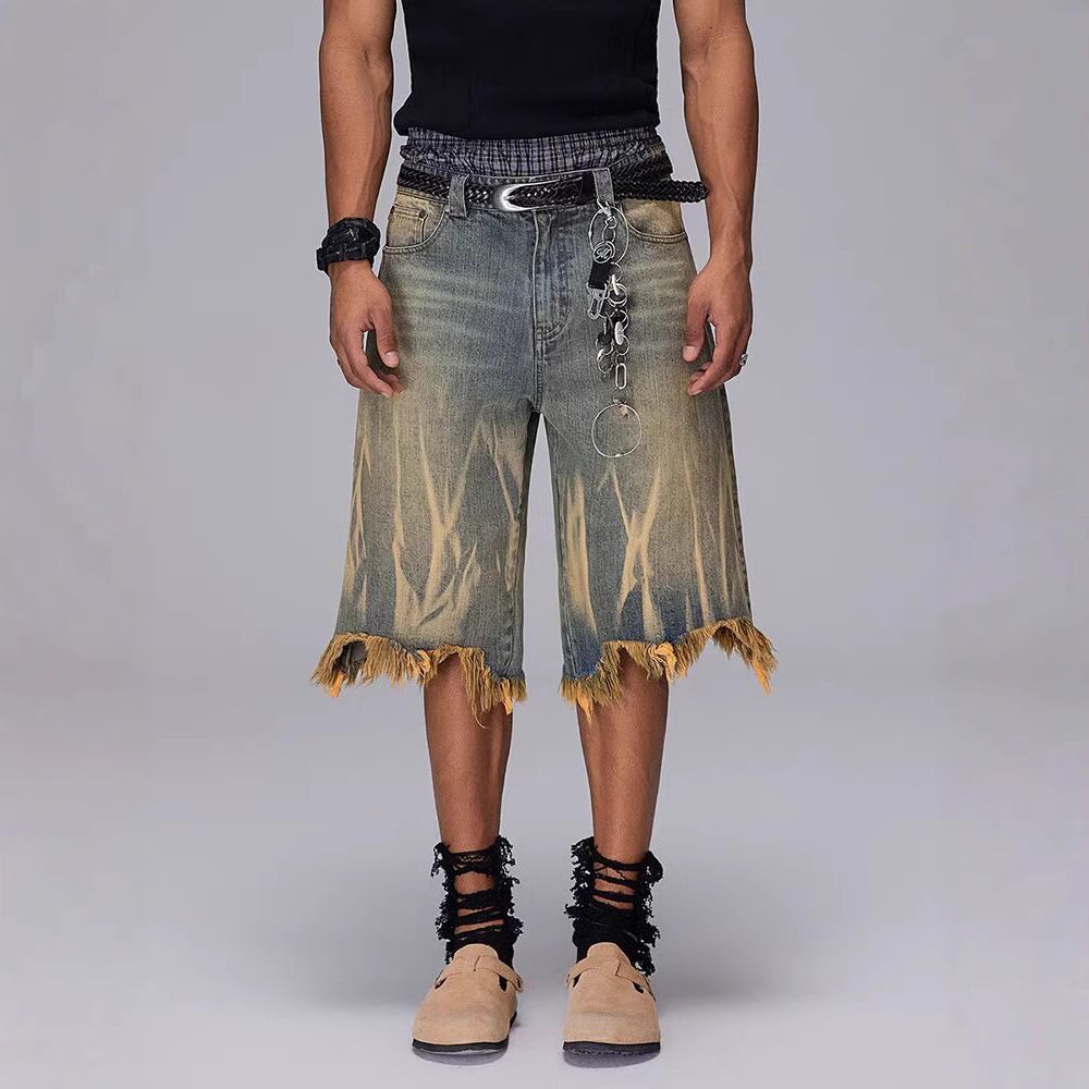 Vintage Washed Distressed Denim Shorts For Men & Women - Fashionable Blue-Yellow Casual Cropped Pants With Retro Design_mkmklike.com