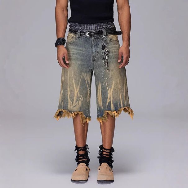 Vintage Washed Distressed Denim Shorts For Men & Women - Fashionable Blue-Yellow Casual Cropped Pants With Retro Design_mkmklike.com