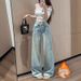 Floral Embroidered Flare Jeans For Women – High-Waisted Wide Leg Pants With Rhinestones, Winter Fleece Lined, Stretch Denim (S-2xl, Light Blue)_mkmklike.com
