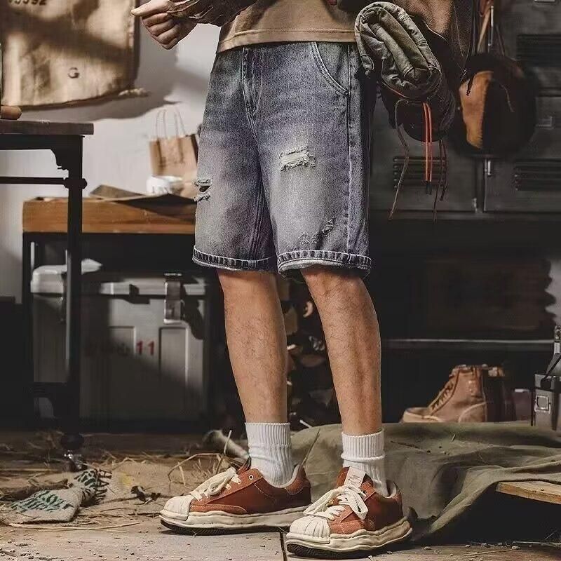 Men's Ripped Denim Shorts Trendy Brand Plus Size Loose Fit Straight Leg Five Point Summer Riding Breeches_mkmklike.com