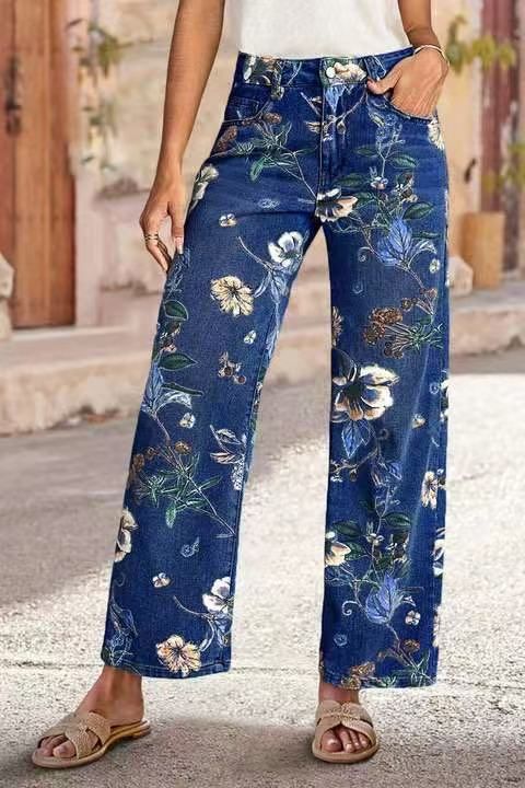 Women's Clothing Printed Denim Wide-Leg Pants – Straight Cut Casual Trousers With Floral Embroidery_mkmklike.com